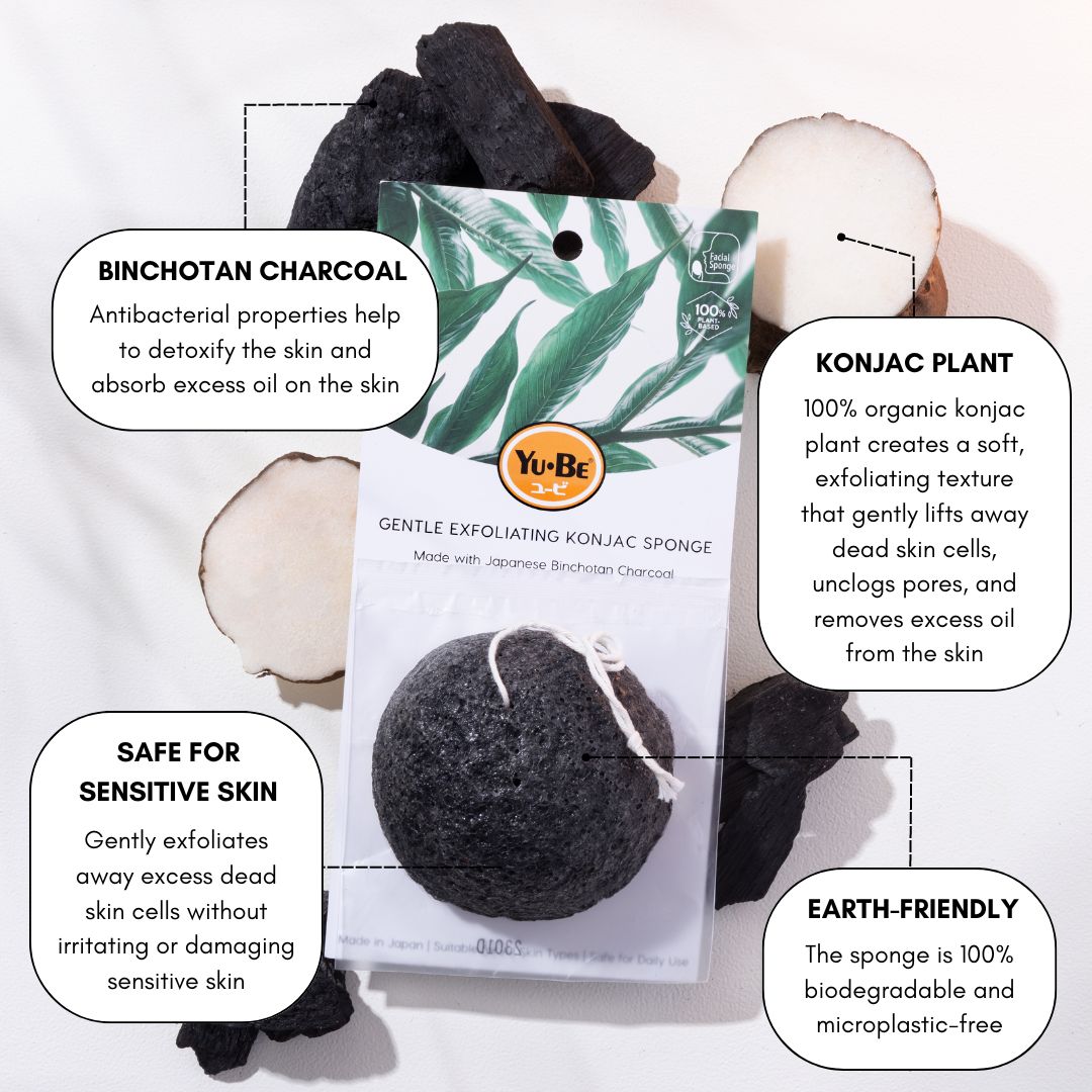 Yu-Be's Charcoal Konjac Sponge contains binchotan charcoal and konjac, helping to keep the skin clear and soft. It's safe for sensitive skin and is earth-friendly