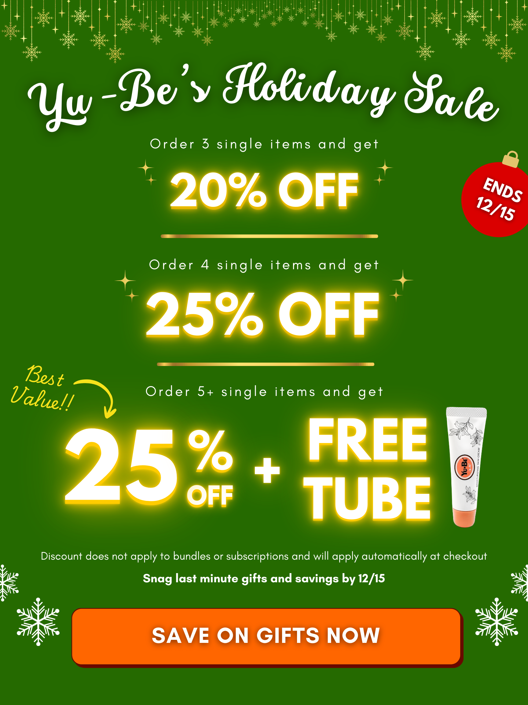 Yu-Be Holiday Sale: 20% OFF for 3 single items, 25% OFF for 4 single items, 25% OFF + FREE BEST SELLER for 5+ items