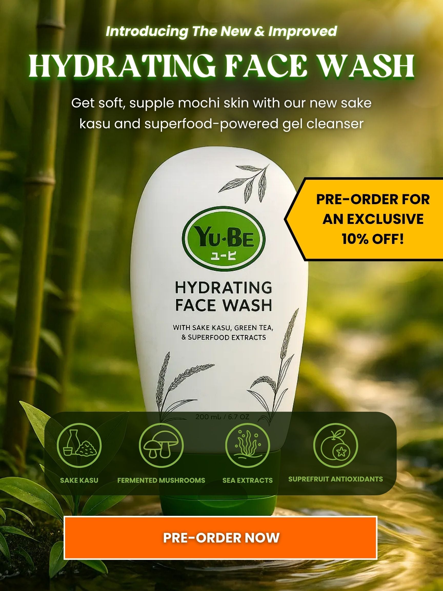 Yu-Be Hydrating Face Wash - Gentle Japanese non-foaming gel cleanser for sensitive skin