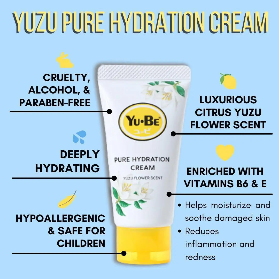 Yuzu Pure Hydration Cream - Yu-Be - cruelty, alcohol, and paraben free, luxurious citrus yuzu flower scent, enriched with Vitamins B6 and E to help moisturize and soothe damaged skin and reduce inflammation and redness, deeply hydrating, hypoallergenic an