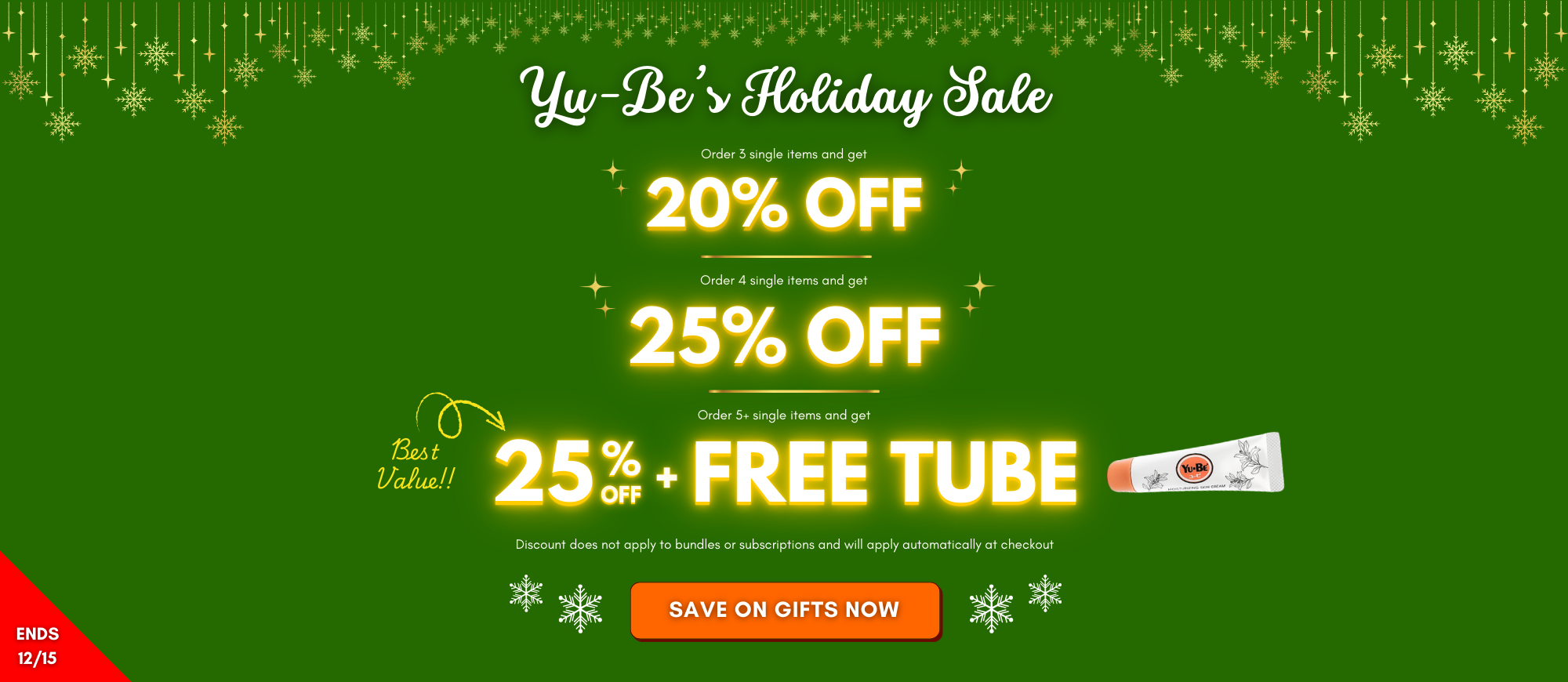 Yu-Be Holiday Sale: 20% OFF for 3 single items, 25% OFF for 4 single items, 25% OFF + FREE BEST SELLER for 5+ items