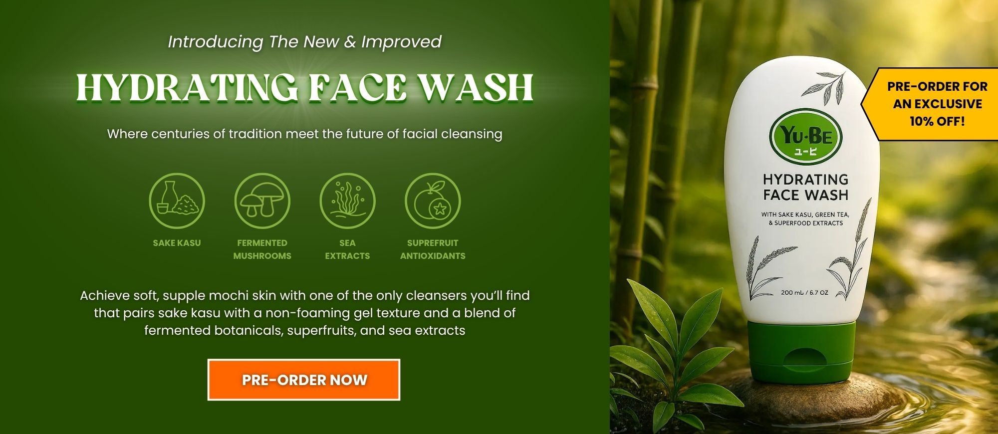 Yu-Be Hydrating Face Wash - Gentle Japanese non-foaming gel cleanser for sensitive skin